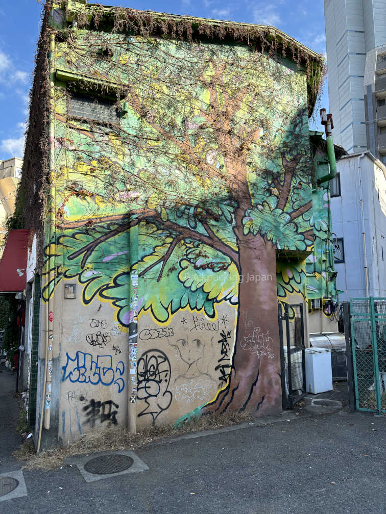 Tree mural found in a parking lot of the backstreets of Shimokitazawa. It's where Kessoku band takes their group photo from the anime Bocchi the Rock