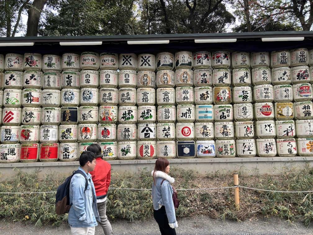 Sake barrels that are decorated and located on Meiji Jingu Shrine grounds