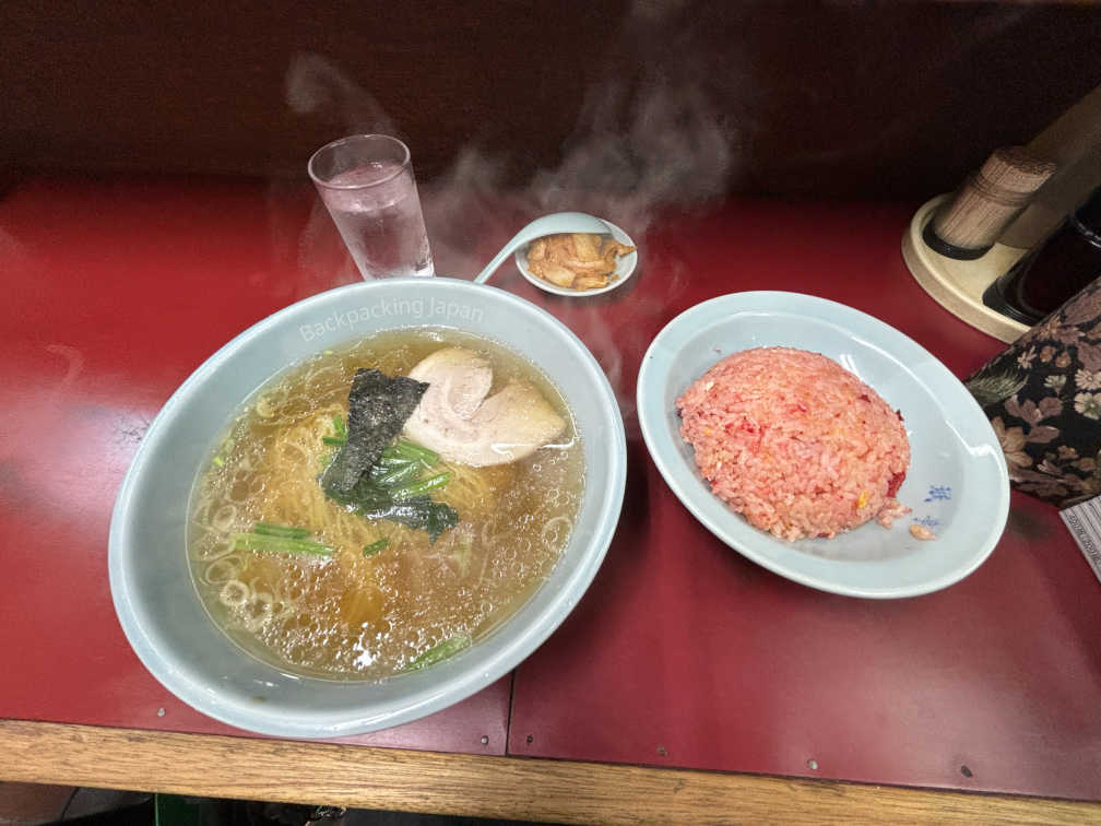 Japanese-style Chinese food. Pink Fried rice and ramen noodles